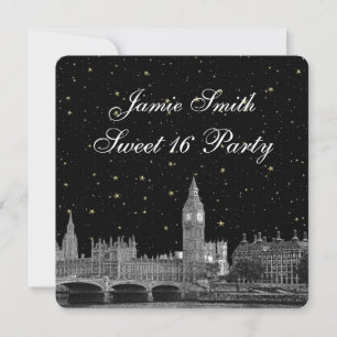 Invitation Londres UK Skyline Gravée Étoilée DIY BG Sweet 16