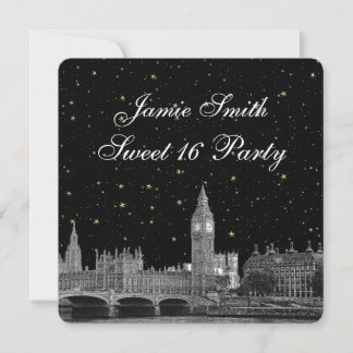 Invitation Londres UK Skyline Gravée Étoilée DIY BG Sweet 16