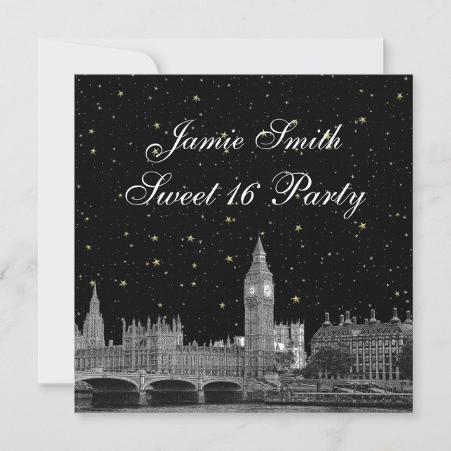 Invitation Londres UK Skyline Gravée Étoilée Fond DIY Sweet 1 (Devant)