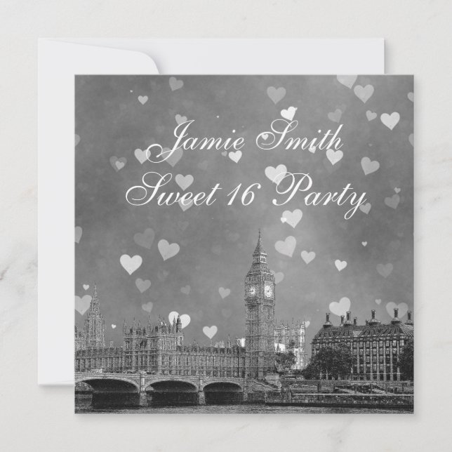 Invitation Londres UK Skyline Gris Blanc Cœur Douce 16 (Devant)