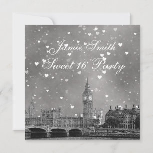 Invitation Londres UK Skyline Gris Blanc Cœur Douce 16