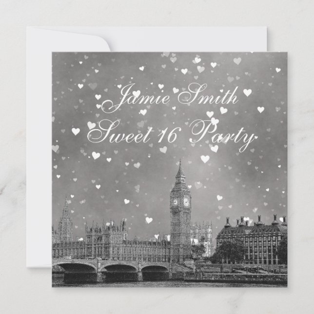 Invitation Londres UK Skyline Gris Blanc Cœur Douce 16 (Devant)