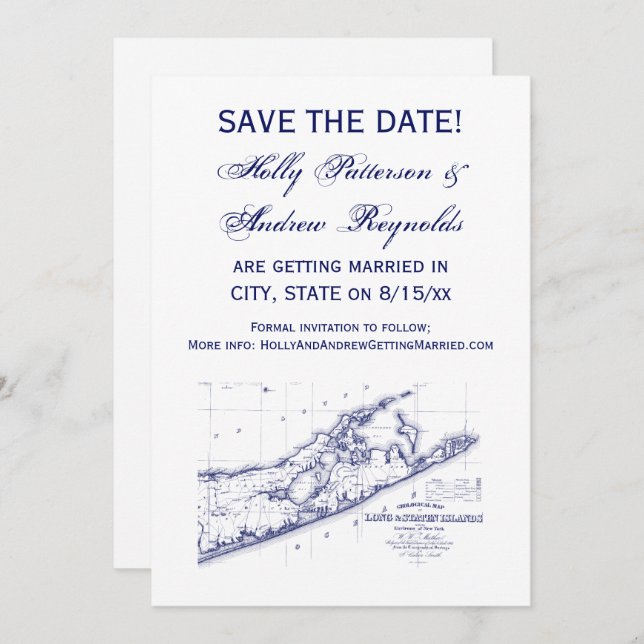 Invitation Long Island The Hamptons Map VC Mariage (Devant / Derrière)