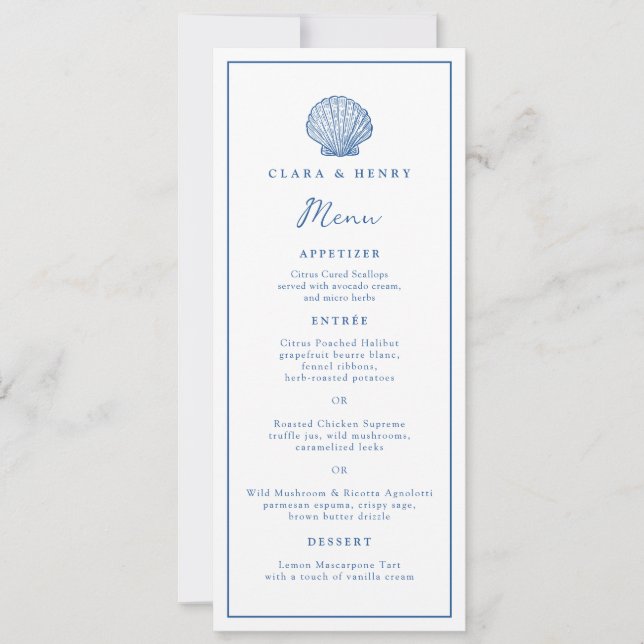 Invitation Long menu de mariage bleu français à coquillages (Devant)