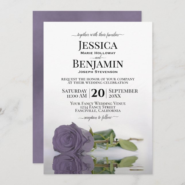 Invitation Long-Stemmed Dusty Purple Rose Elegant Wedding (Devant / Derrière)
