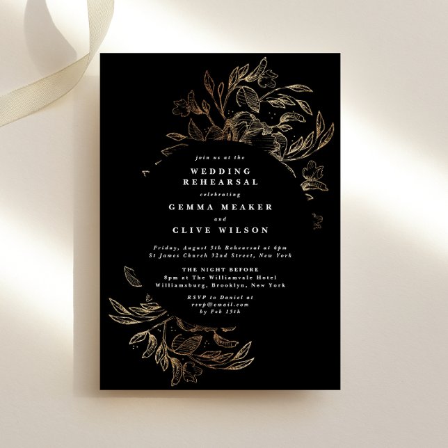 Invitation LONGUEUR Black Gold Floral Mariage Répétition (Créateur téléchargé)