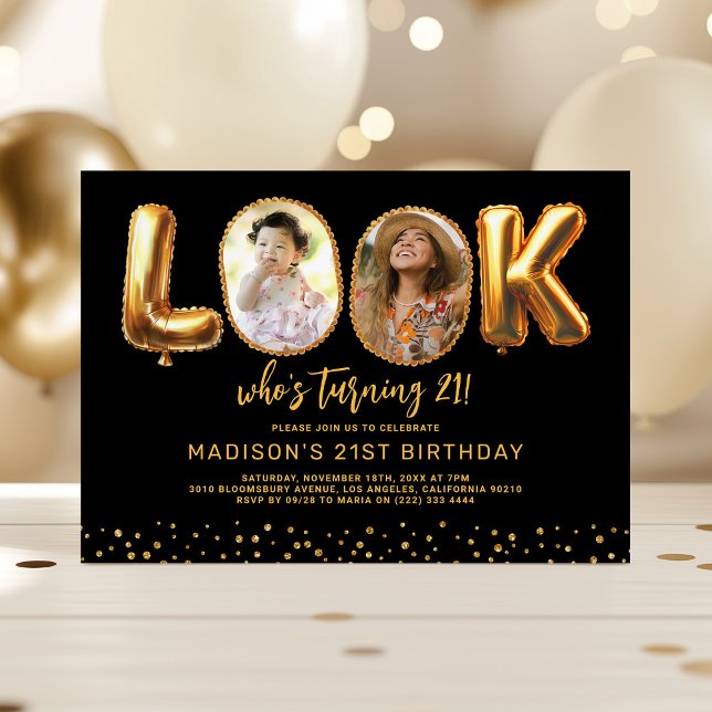 Invitation Look Who's 21 Black Gold Photo 21st Birthday (Créateur téléchargé)