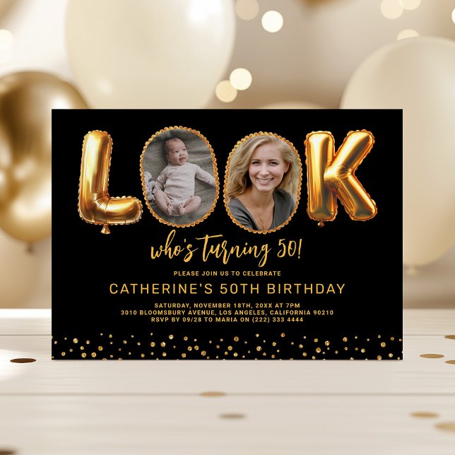 Invitation Look Who's 50 Black Gold Photo Fifty Birthday (Créateur téléchargé)