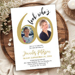 Invitation Look who's 60 elegant 2 photo 60th birthday party<br><div class="desc">Trendy bold black and gold typography Look Who's sixty chic white 60th birthday party invitation with 2 photos and modern script. Easy to personalize with your details and pictures.</div>