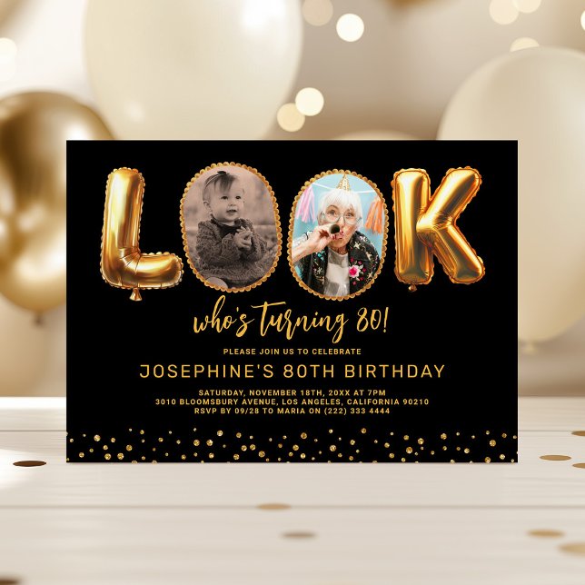 Invitation Look Who's 80 Black Gold Photo Eighty Birthday (Créateur téléchargé)
