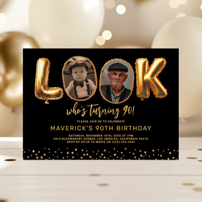 Invitation Look Who's 90 Black Gold Photo Ninety Birthday (Créateur téléchargé)