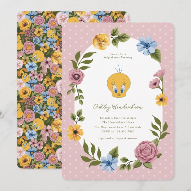 Invitation LOONEY TUNES™ | Baby shower floral TWEETY™ (Devant / Derrière)