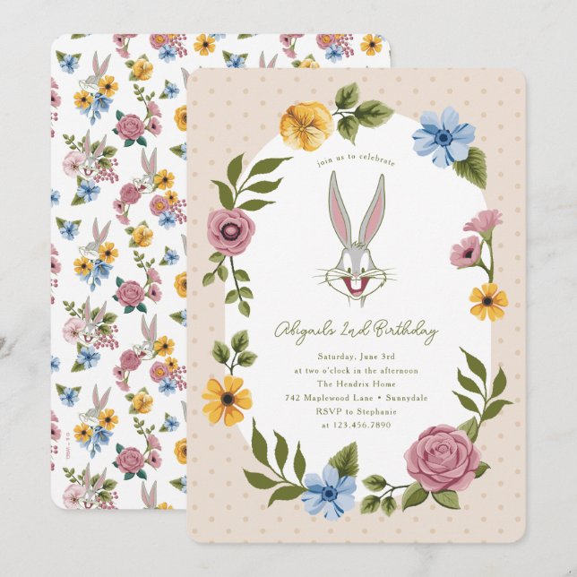 Invitation LOONEY TUNES™ | BUGS BUNNY™ Floral Anniversaire (Devant / Derrière)