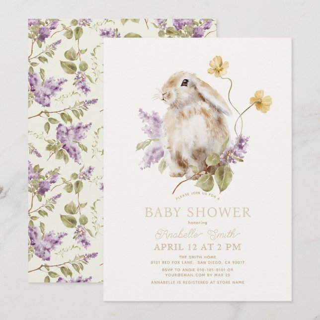 Invitation Lop Lapin Lapin Lapin Violet Lilac Baby shower Flo (Devant / Derrière)