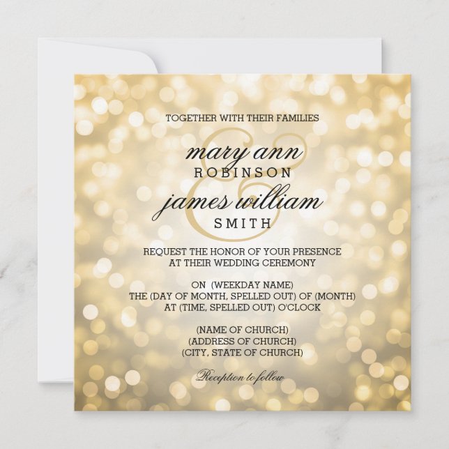 Invitation L'or Bokeh allume le mariage élégant (Devant)