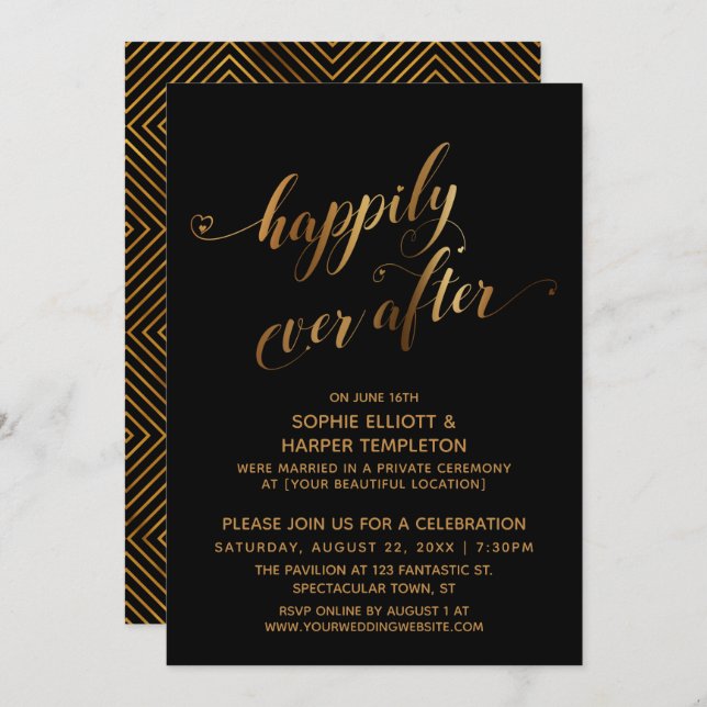 Invitation L'or sur le noir heureux jamais après Mariage post (Devant / Derrière)