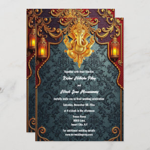 Invitation Lord Ganesh bleu or luxueux mariage indien