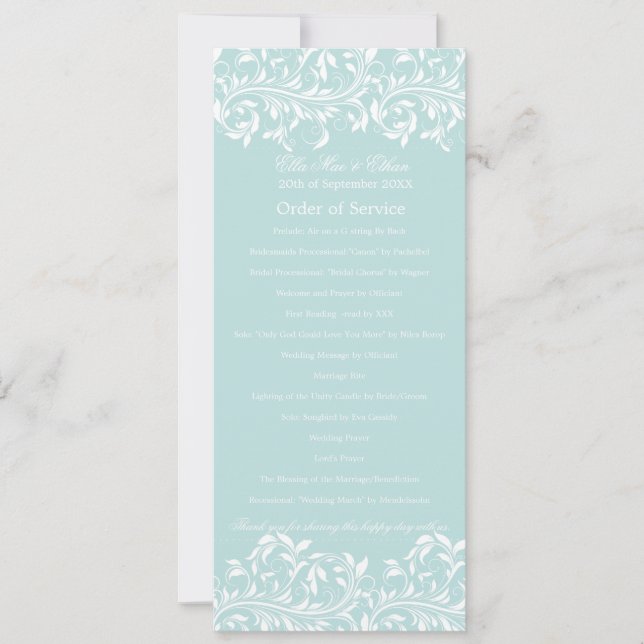Invitation L'ordre de service bleu clair et blanc de Sarah Ja (Devant)