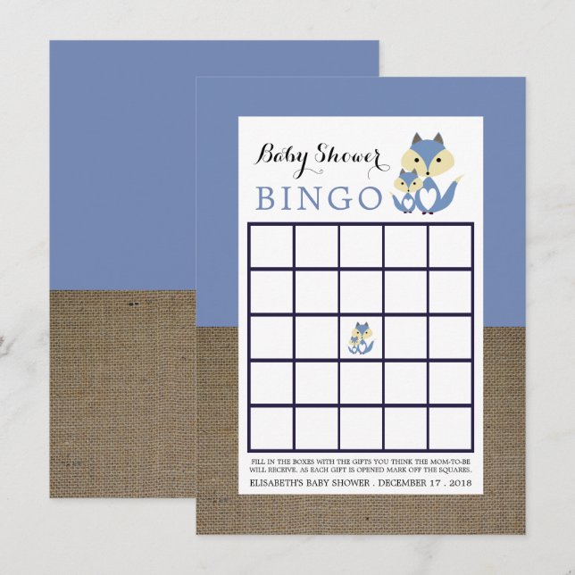 Invitation Loto Bébé Shower Burlap Renard Bleu (Devant / Derrière)