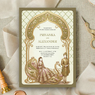 Invitation Lotus de mariage indien chariot cygne or vert de m