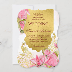 Invitation Lotus de paon rose et or mariage indien