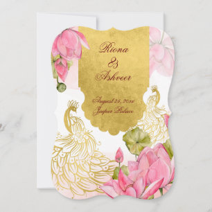 Invitation Lotus de paon rose et or mariage indien