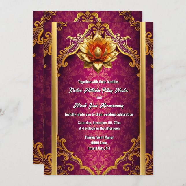 Invitation Lotus prune or Hindi Hindu mariage élégant (Devant / Derrière)