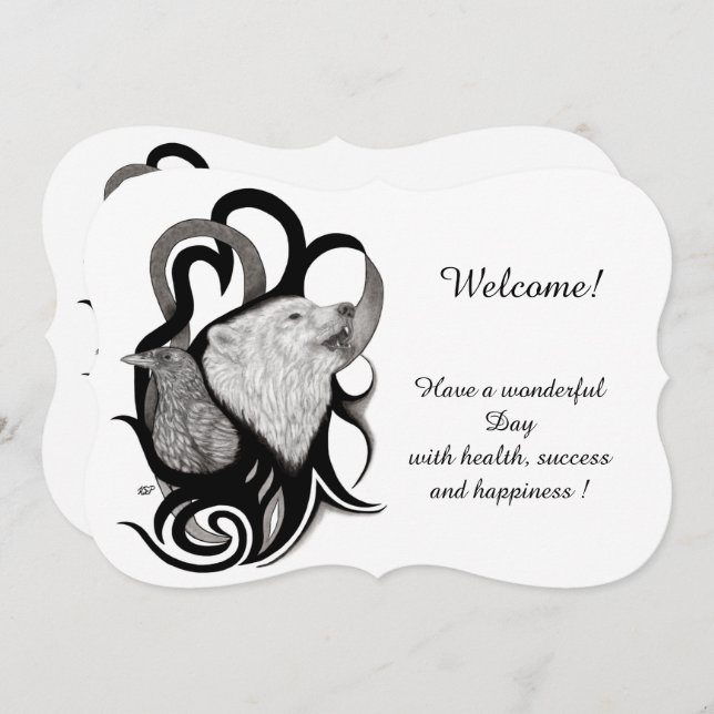 Invitation Loup blanc avec corbeau, Ajouter votre texte (Devant / Derrière)