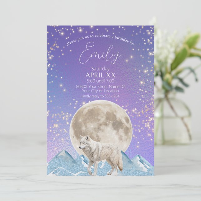 Invitation Loup blanc et aurore boréale de lune (Debout devant)