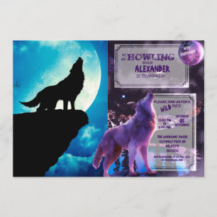 Invitation Loup en silhouette hurlant à la pleine lune