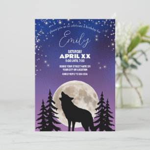 Invitation Loup et silhouette de lune sous les étoiles