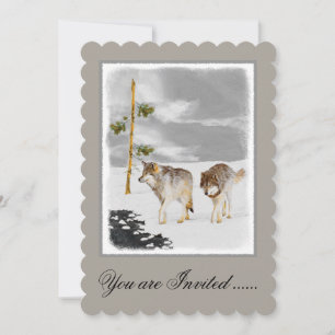 Invitation Loups en peinture sur neige - Art original de la f
