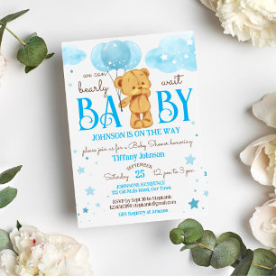 Invitation L'ours en peluche attend le baby shower bleu et ma