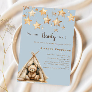 Invitation L'ours en peluche étoiles Baby shower bleu tipi