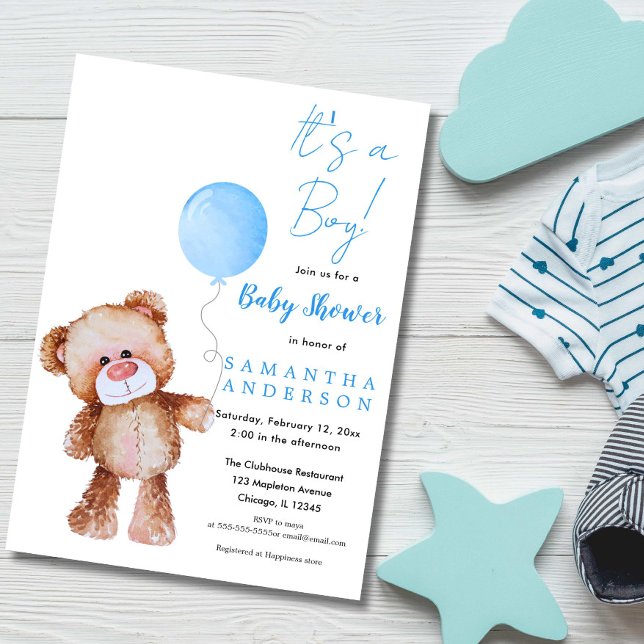 Invitation L'ours minimaliste "C'est un garçon !" Baby shower (Modern Teddy Bear Boy Baby Shower Invitation, Its a Boy)
