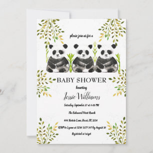 Invitation L'Ours Panda Triplet Baby shower Verdure Nature