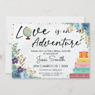 Invitation Love Adventure Suitcase Blue Floral Fête des marié