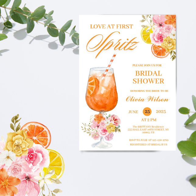 Invitation Love at First Spritz Floral Cocktail Fête des mari (watercolor bridal shower wedding invitation cocktail drink modern elegant chic citrus silces orange )
