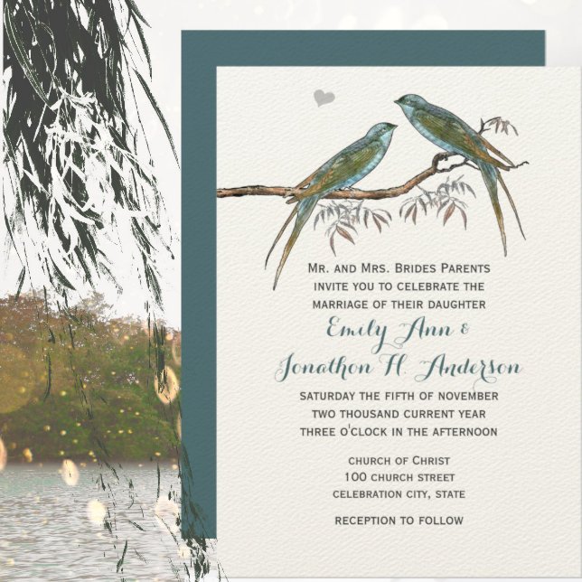 Invitation Love Bird Bleu Vert Forêt Saulaie Mariage  (Créateur téléchargé)