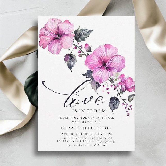 Invitation Love Bloom Bold Hibiscus Fête des mariées tropical (love is in bloom bridal shower invitation tropical pink bold hibiscus flowers floral elegant chic)