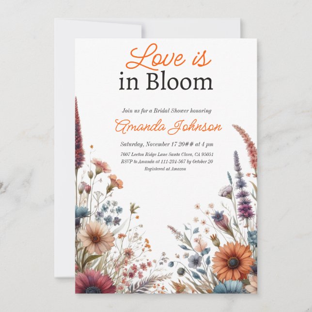 Invitation Love Bloom Fleur sauvage Orange Floral Fête des ma (Devant)