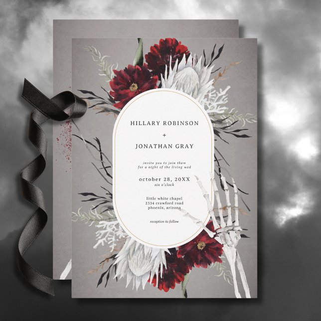 Invitation Love & Bones Éffrayant Rouge Floral Mariage (Love & Bones Spooky Red Floral Wedding Invitation)