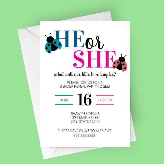 Invitation Love Bug Spring Gender Reveal Party (He or She What Will Our Little Love Bug Be Spring or Summer Gender Reveal Party Invitation)