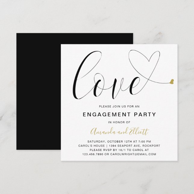 Invitation Love Gold Heart Modern Engagement Party (Devant / Derrière)