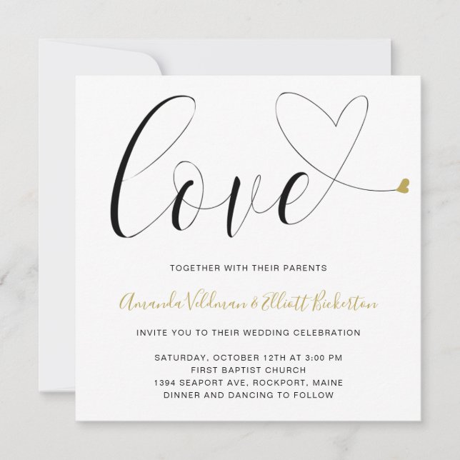 Invitation Love Gold Heart Noir et blanc Mariage moderne (Devant)