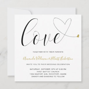 Invitation Love Gold Heart Noir et blanc Mariage moderne