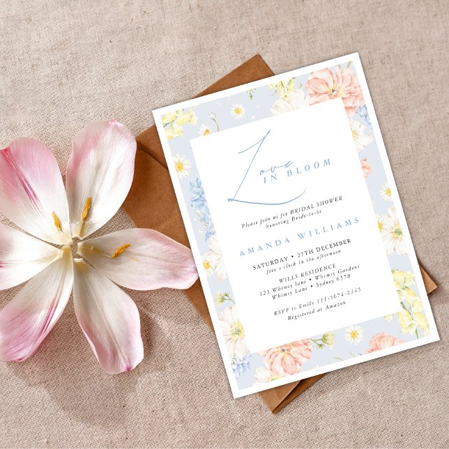 Invitation Love in bloom Modern Blue Flowers Bridal Shower   (Créateur téléchargé)