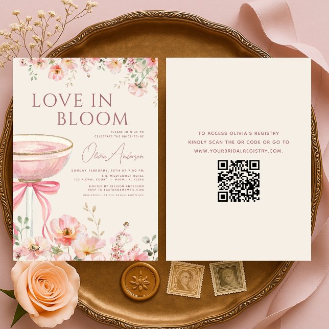 Invitation Love in Bloom QR Code Champagne Bow Bridal Shower (Créateur téléchargé)