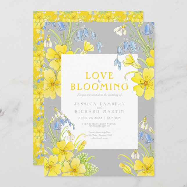 Invitation Love is blooming spring flower yellow gray wedding (Devant / Derrière)