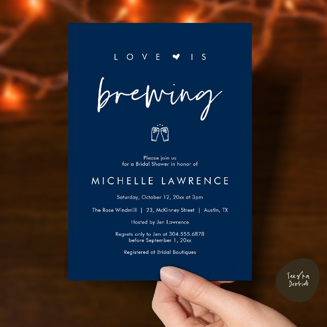 Invitation Love is brewing, Beer Party,  Bridal Shower (Love is brewing, Beer Party, Bridal Shower Invites card, booze love laughter, in navy blue)